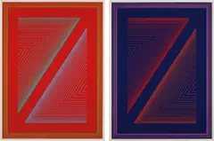 Reflections VI - Fire Red; and Reflections VI - Deep Blue by Richard Anuszkiewicz, 1979, The complete pair of two hand-painted multiples in colors, on gessoed masonite, sold Oct 2018
