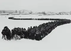 Carl Mydans, The newly created 'Japanese Police Force' moves out of camp for winter training, Hokkaido, Japan, 1951, Gelatin silver print, printed 1996