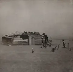 Arthur Rothstein, Farmer and sons walking in the face of a dust storm, Cimarron County, Oklahoma, 1936, Gelatin silver print