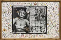 Peter Beard, Heart Attack City, 1972, Gelatin silver print with ink, blood, feathers, affixed gelatin silver prints and watercolor drawings by the Hog Ranch Art Department, executed later