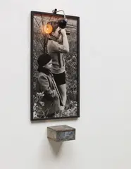 Christian Boltanski, Portrait of Two Boys with Binoculars, 1991, Mixed media installation comprised of one gelatin silver print, one electric light and biscuit tin