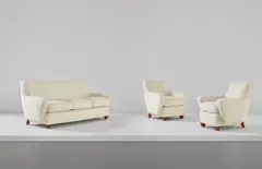 Raphael, Sofa and pair of armchairs, 1950s, Honduran mahogany, fabric