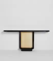 Jacques Adnet, Console table, circa 1939, Painted, gilt, and parchment-covered wood, reverse-painted glass
