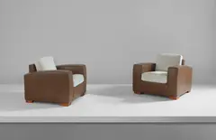Paul Dupré-Lafon, Pair of armchairs, circa 1929, Leather, fabric, bronze-covered wood