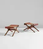 Pair of "Rodo" folding stools by Paul Rodocanachi for Jean-Michel Frank, circa 1938, Oak, leather, sold Jun 2018