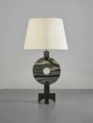 Unique table lamp by André Dubreuil, circa 2008, Patinated steel, pierre de rêve marble, fabric shade, sold Jun 2018