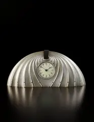 Mantel clock by Albert Cheuret, circa 1925, Nickel-plated bronze, onyx, glass, enameled metal, sold Jun 2018