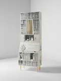 Illuminated "Libri" trumeau by Piero Fornasetti, circa 2012, Lithographic transfer-printed wood, lithographic transfer-printed steel, painted wood, brass, glass, sold Jun 2018