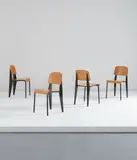 Set of four ''Semi-metal" chairs, model no. 305 by Jean Prouvé, 1950-1969, Painted steel, oak-veneered plywood, rubber, offered Jun 2018