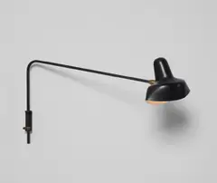 Single-arm pivoting wall light by Serge Mouille, circa 1953, Painted steel, painted aluminum, brass, plastic, sold Jun 2018