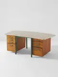 "Curved" desk by Jean Prouvé, circa 1943, Beech, oak-veneered wood, painted steel, travertine, offered Jun 2018