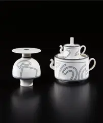 Vase and double teapot by Nicholas Homoky, circa 1983, Porcelain, inlaid decoration, sold Jun 2018