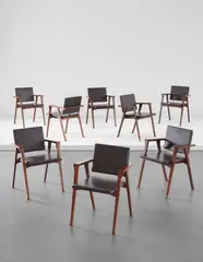 Eight "Luisa" armchairs by Franco Albini, 1950s, Brazilian rosewood, leather, sold Jun 2018