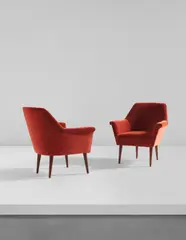 Studio B.B.P.R., Pair of armchairs, circa 1962, Fabric, stained oak