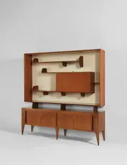 Cabinet with bookcase by Gio Ponti, circa 1951, Walnut-veneered wood, painted wood, glass, brass, sold Jun 2018