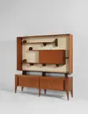 Cabinet with bookcase by Gio Ponti, circa 1951, Walnut-veneered wood, painted wood, glass, brass, sold Jun 2018
