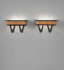 Arteluce, Pair of illuminated coat racks, circa 1941, Painted wood, beech, glass, nickel-plated metal