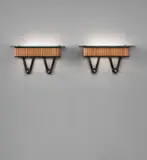 Arteluce, Pair of illuminated coat racks, circa 1941, Painted wood, beech, glass, nickel-plated metal