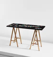 "Belle di notte" writing table by Piero Fornasetti, 1960s, Painted metal-covered wood, brass, offered Dec 2018