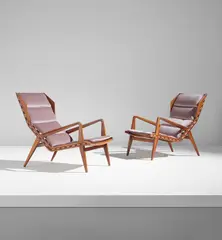 Gio Ponti, Pair of armchairs, model no. 1811, circa 1953, Stained walnut, fabric, rubber