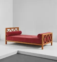 "Croisillon" daybed by Jean Royere, circa 1955, Oak, fabric, sold Dec 2018