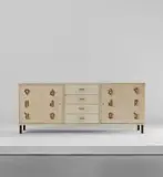 Marc Du Plantier, Cabinet, circa 1964, Parchment-covered wood, bronze, painted steel