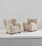 Märta Blomstedt, Pair of armchairs, designed for the Hotel Aulanko, Hämeenlinna, Finland, circa 1939, Birch, sheepskin