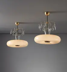 Paavo Tynell, Pair of ceiling lights, circa 1939, Glass, brass