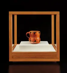 "Gila" cup by Ken Price, 1972-1976, Cup: glazed earthenware. Box: glass, painted wood, birch-veneered plywood, sold Dec 2018