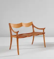 Low back settee by Sam Maloof, 1987, Maple, ebony, sold Dec 2018
