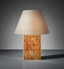 Large "Block" table lamp by Jean-Michel Frank, circa 1928, Mica-covered wood, leather, paper shade, sold Dec 2018