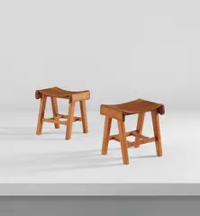 Luis Barragán, Pair of stools from the Cuadra San Cristóbal, Mexico City, circa 1966, Pine, leather