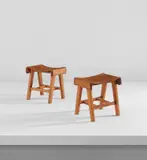 Luis Barragán, Pair of stools from the Cuadra San Cristóbal, Mexico City, circa 1966, Pine, leather