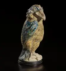 R. W. Martin & Brothers, Sir Edward George Clarke QC caricatured as a tall distinguished fantastical bird jar and cover, February 1898, Salt-glazed stoneware, ebonized wood