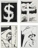 Four Works: (i) The Symbol of Weakness Begins To Turn Into A Symbol of Strength (ii) I'm Glad You Walked In, and Not Your Twin (iii) This Cross Is Made Of Fat (iv) Dr. Kinsey by Raymond Pettibon, 1987, ink on paper, sold Feb 2017