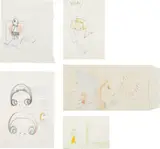 Five Works: (i) Untitled (ii) Untitled (Two Little Faces) (iii) Words (iv) Leben Schaum (Live Foam) (v) No More by Yoshitomo Nara, 2002, (i) - (iii) graphite and colored pencil on paper (iv) graphite and colored pencil on envelope (v) colored pencil and Con, sold Feb 2017