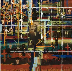 Radcliffe Bailey, Solemn Journey, 1998, acrylic, oilstick and resin on wood