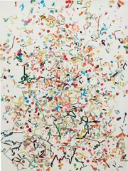 The Space Between Dow Jones and Jim Jones by Dan Colen, 2010, paper, confetti and Beva on canvas, sold Feb 2017