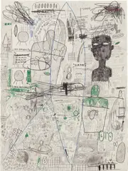 Untitled by Jean-Michel Basquiat, 1986, charcoal, graphite and colored pencil on paper, sold May 2017