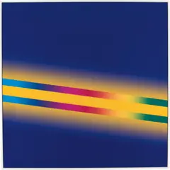 Cory Arcangel, Photoshop CS: 60 by 60 inches, 300 DPI, RGB, square pixels, default gradient "Blue, Yellow, Blue", mousedown y=15000 x=2130, mouseup y=4680 x=3570; photoshop tool "Wand", click= y=9120 x=4780, tolerance=30; default gradient "Spectrum", mousedown y=8790 x=1410, mouseup y=10770 x=16230, 2013, chromogenic print mounted to Plexiglas, in artist's frame