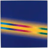Cory Arcangel, Photoshop CS: 60 by 60 inches, 300 DPI, RGB, square pixels, default gradient "Blue, Yellow, Blue", mousedown y=15000 x=2130, mouseup y=4680 x=3570; photoshop tool "Wand", click= y=9120 x=4780, tolerance=30; default gradient "Spectrum", mousedown y=8790 x=1410, mouseup y=10770 x=16230