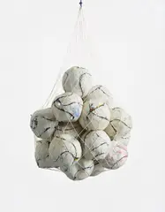 Mark Bradford, Soccer Ball Bag 1, 2011, nylon string and paper on soccer balls