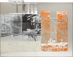Pegasits/ROCI USA (Wax Fire Works) by Robert Rauschenberg, 1990, acrylic, fire wax and chair on stainless steel, sold May 2017
