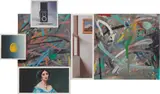 Thumb Print; Camera and Brush; Ingres, The Princess de Broglie, 1853, Detail; Scribbling; Vermeer, Woman Studying at a Virginal, 1670s, Detail; and Scribbling by Richard Pettibone, 1978, oil on canvas, sold May 2017