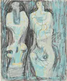 Henry Moore, Page from Sketchbook: Two Sculptural Figures on Green Background, 1948, Drawing in pencil, wax crayon and watercolor, on wove paper