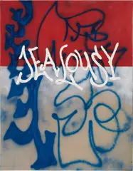 Ida Ekblad, Jealousy, 2014, spray paint, chalk, fixative, and “puff paste” on glue primed linen canvas