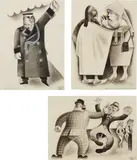 Miguel Covarrubias, Three works: i) Park Avenue Doorman – Taxi ii) Lady Tourist Bargaining Oriental Amber iii) Confrontation - Pie in the Face