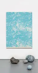 Sarah Sze, Cyan Stone, 2013-2015, silkscreen on canvas, photographs of rock printed on Tyvek, rock and aluminum, in 5 parts