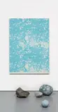 Sarah Sze, Cyan Stone, 2013-2015, silkscreen on canvas, photographs of rock printed on Tyvek, rock and aluminum, in 5 parts