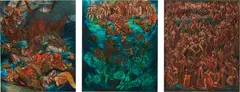 Nicole Eisenman, Foos Ball Trilogy: (i) Part I Sinking Ships; (ii) Part II Rescue; (iii) Part III Game Preparations, 1994, oil on wood, in 3 parts